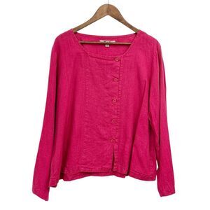 Flax Asymmetrical Button-Down Linen Top in Hot Pink